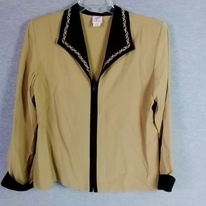 Vintage Woman Jacket Large Tan Embroidered Black Edging